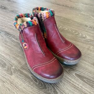 Rieker Felicitas 84 Red Boots with Colorful Knit Accent
